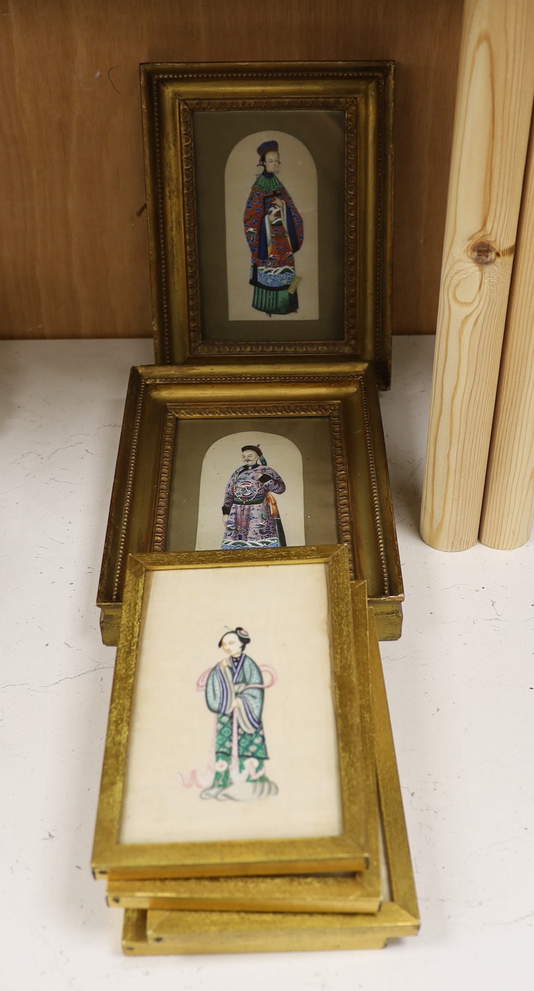 19th century Chinese School, pair of gouaches on pith paper, Studies of courtiers, 15 x 7cm and four similar studies